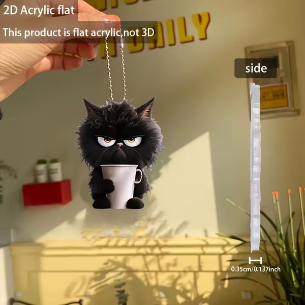 Детализированный двухсторонний 2D акриловый брелок Черный кот с чашкой кофе, подарок для ключей рюкзака и сумки ТBR05.32M6k Cat фото