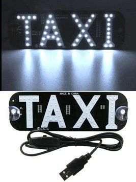 Яскрава світлодіодна табличка таксі "TAXI". USB із кнопкою.Кольор білий. TAXI010-WHITE-USB фото