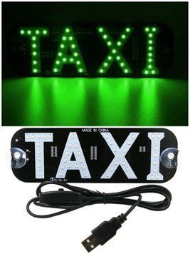Яркая светодиодная табличка TAXI такси с кнопкой и USB универсальная авто подсветка на лобовое стекло на присосках зеленая TAXI007-USB-19-6.3cm-knop фото