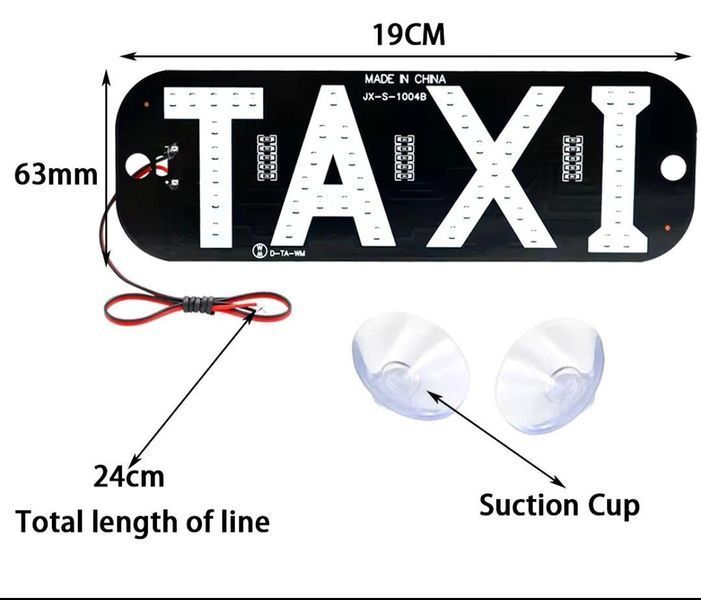 Яскрава світлодіодна табличка TAXI такси 12V 19х6.3 см дріт 25 см універсальна авто підсвітка на лобове скло на присосках жовта TAXI003-YELLOW-12V-droty фото