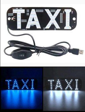 Яркая светодиодная табличка такси "TAXI" 2 в 1. USB. Цвет СИНИЙ и БЕЛЫЙ. TAXI013-navy-white-USB фото